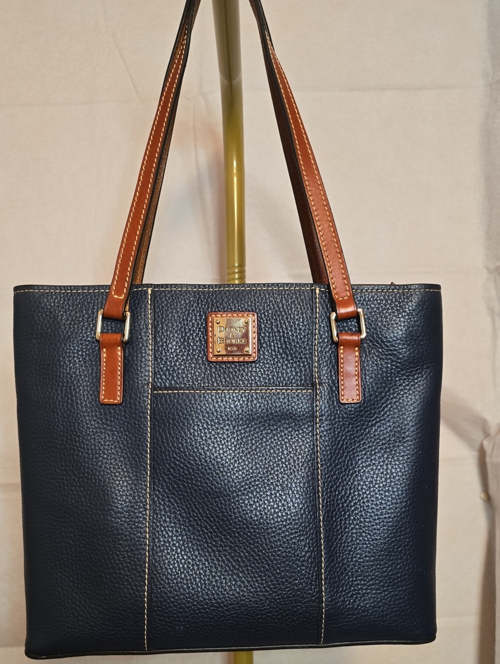 Dooney & Bourke Lexington Navy Pebbled Leather Tote with Brown Straps